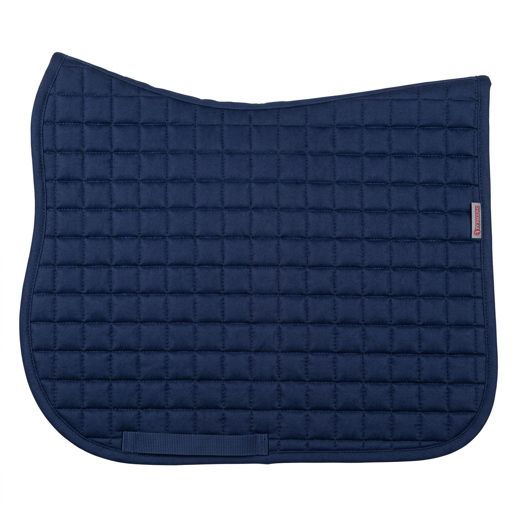 A black dressage saddle pad with a square shape, featuring a thick padding and a visible brand label stitched on the bottom right corner.